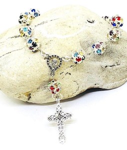 Multi coloured rhinestones Luxury Rosary Bracelet Catholic religious gift