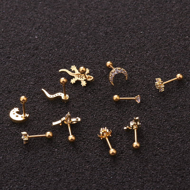 Piercing Tragus/hélice En Acier Inox Avec Ornement Lézard Et Cz - Jauge 16g, Argenté, Neuf