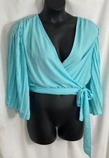 womens sexy crepe 3/4 sleeve light blue top s...