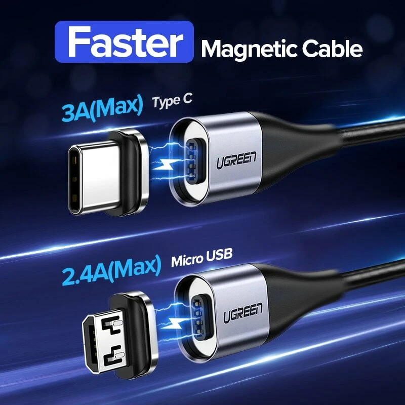 Cable Micro USB Ugreen Magnético Reversible Tipo C 3A Carga Rápida Sincronización de Datos 1m Foto 3 de 4