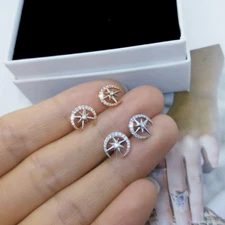 925 Sterling Silver Crescent Moon Star CZ Stud Earrings 10mm Gift Box I67
