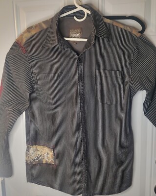 ROAR Brnd LargeBlack/White Pinstripes Patchwork Embroidery Lng SLV, Bttn Dwn, 
