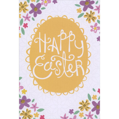 Happy Easter White Letters on Egg and Floral Corners 8 Religious Easter Cards