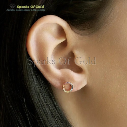 Aretes circulares de zafiro arco iris de oro amarillo de 14 k regalo de cumpleaños para niñas - Imagen 4 de 4