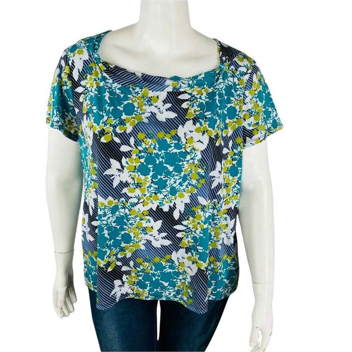 トップス 2020 2nd neighborhood PCMHN-STO1S ITEM. East 5th Womans Sz 2X Plus Floral Blouse Short Sleeve Stripe Teal