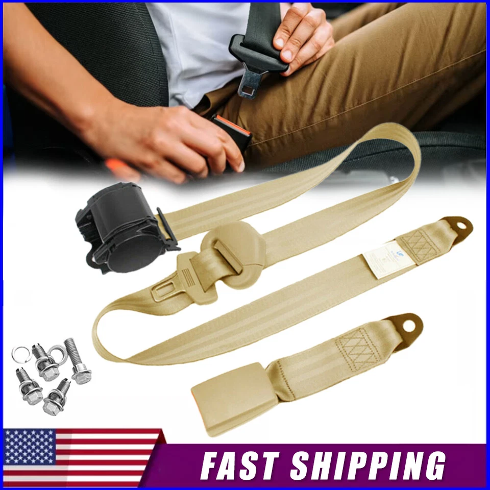 Retractable 3Point Safety Seat Belt Straps Car Vehicle Adjustable Belt Kit Beige - Image 4 of 4