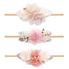 3pcs Baby Girl Headbands Flowers, Super Soft Stretchy Nylon Beige-pink