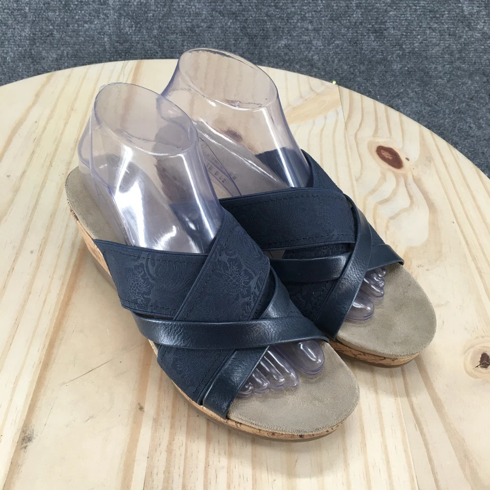 Wear Ever Sandals Womens 8.5 M Goldy Slip On Cork Wedge Slide Blue Fabric Casual - Image 3 of 4