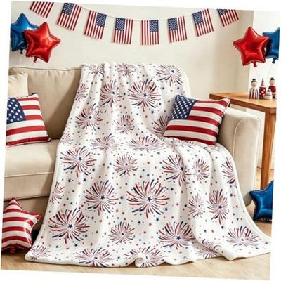Patriotic Fuzzy Blanket Red Blue Firework Star Throw Blanket 4th of July Soft