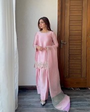New Heavy Natural Crepe Salwar Kameez With Pink Dupatta For Functional Wear