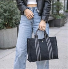 HERMES Fourre Tout Black Gray Canvas Tote Han...