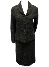 VTG 1940s Dark Green Donegal Tweed Wool Classic Tailored Skirt Suit Set S/M