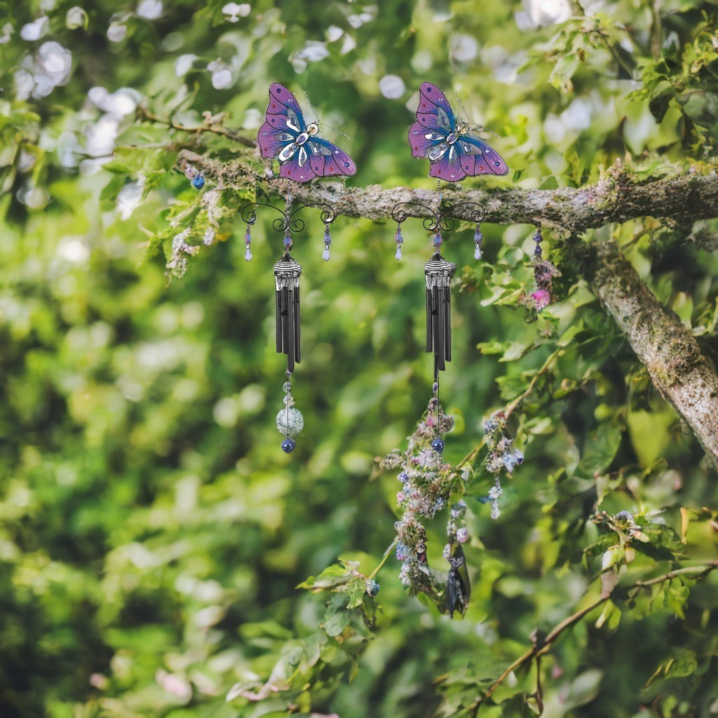 2-PC Gift Set 32" Long Pink Butterfly Wind Chime with Black 