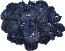 30 PCS Rhinestone Pearl Dark Blue Chiffon Flower Sewing Fabric Appliques for Clo
