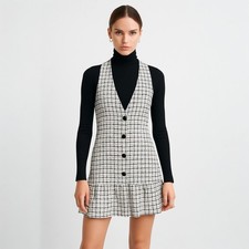Zara White Black Plaid Check Tweed Sleeveless Camisole Mini A-Line Tank Dress XS