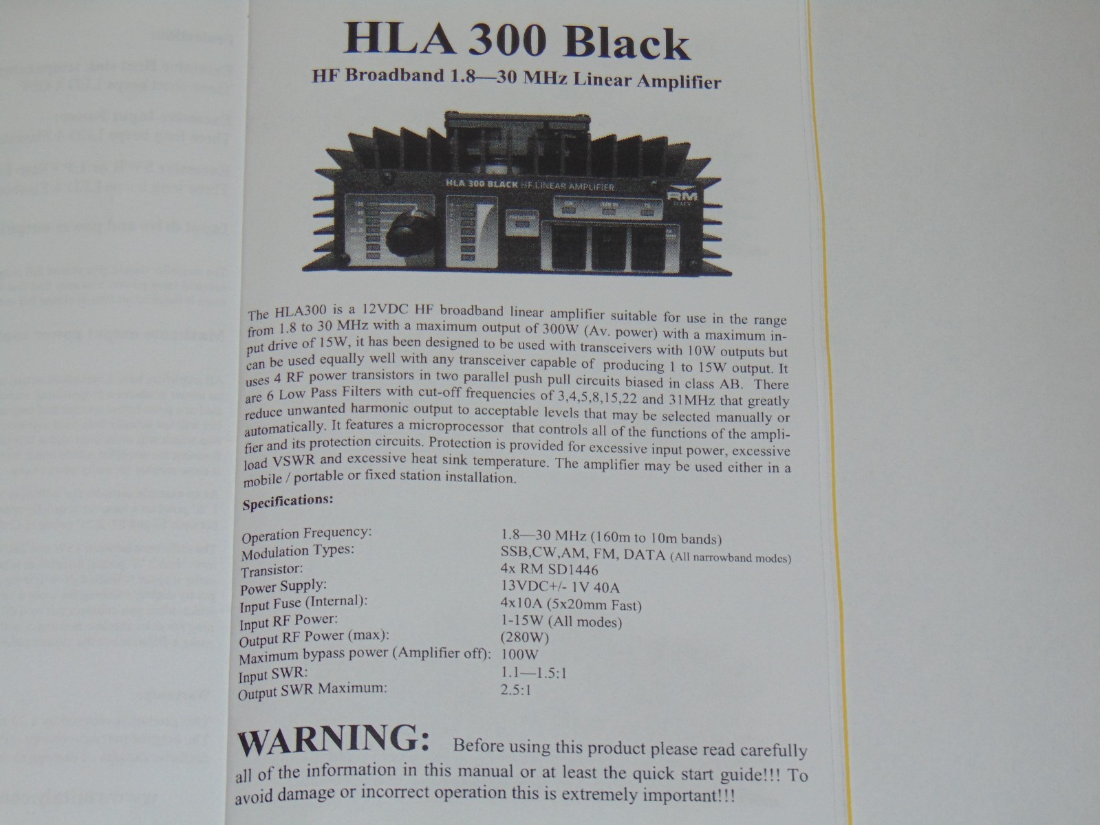 RM HLA300 V BLACK HF LINEAR AMPLIFIER 160m-10m + WARC QRP 1-15W DRIVE VERY NICE