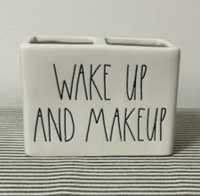 Rae Dunn Ceramic Cosmetic Holder, White/Black, "WAKE UP AND MAKEUP"
