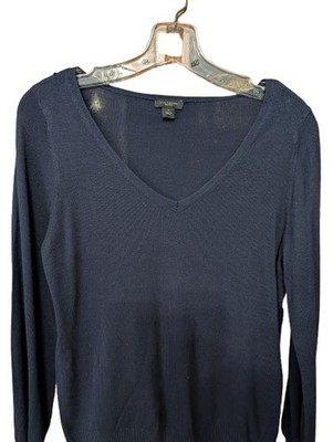 Ann Taylor Navy Blue Pullover Sweater Dark Academia L Wardrobe Staple V Neck Euc