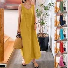 Women's Holiday Long Dress Cotton Linen Loose Pocket Round Neck Sleeveless SMLXL