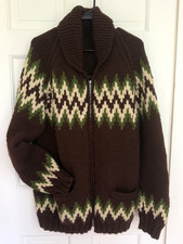 Vintage 60s 70s Hand Knit Wool DARK BROWN Cowichan Zip Cardigan Sweater men's L