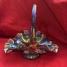 Fenton Amethyst Purple Carnival Glass Basket Hand Painted Signed Bill Fenton