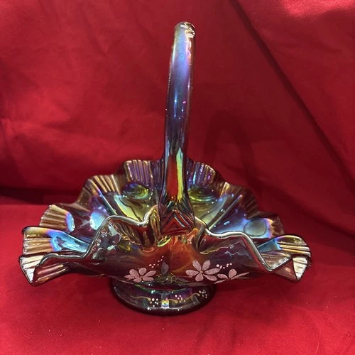 Fenton Amethyst Purple Carnival Glass Basket Hand Painted Signed Bill Fenton