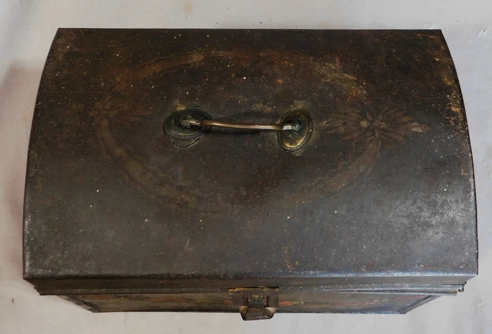 Antique large tole hand painted box jewelry tin trinket swags 19th c. document - Image 4 of 4