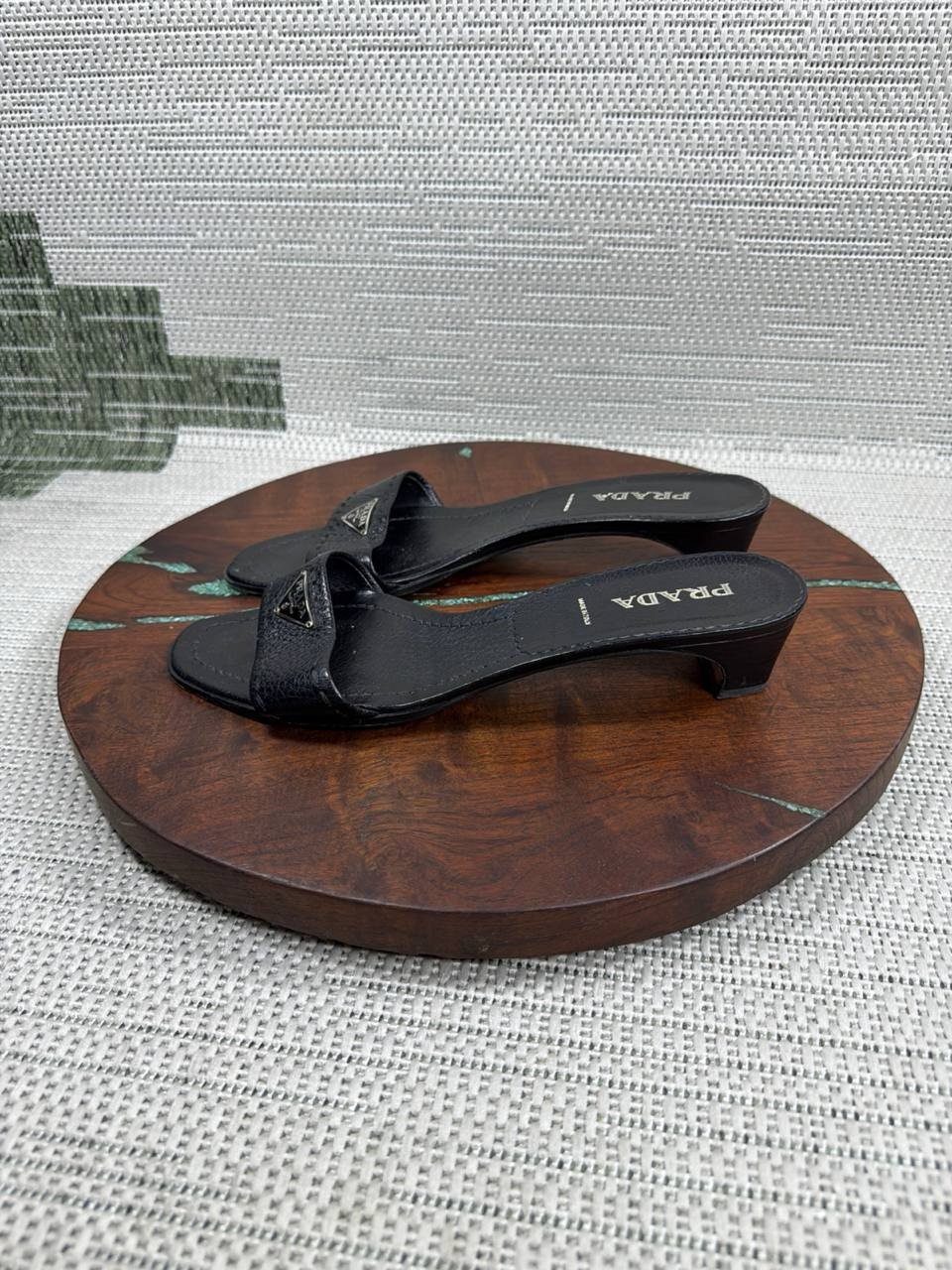 Prada Sandals Womens Size 40 Eu 9.5 Us Mules Black Leather Slip On Block Heel thumbnail 3