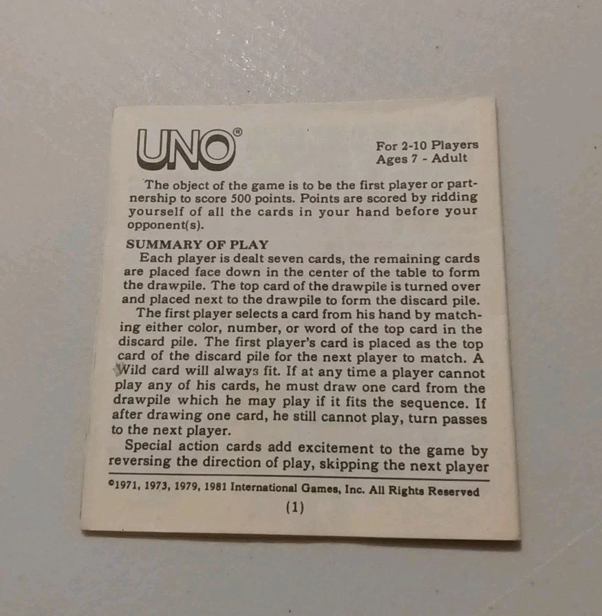 Mattel UNO Classic Card Game Complete International Games Inc Joliet IL 1979 - Image 3 of 4