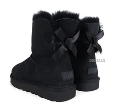 UGG Mini Bailey Bow II Black Suede Fur Boots Womens Size 7 -NIB-