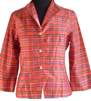 ''Linda Bertozzi'' Y2K - 100% Raw Silk Plaid Shirt/Blouse - 3/4 Sleeves - Sz. 4-8