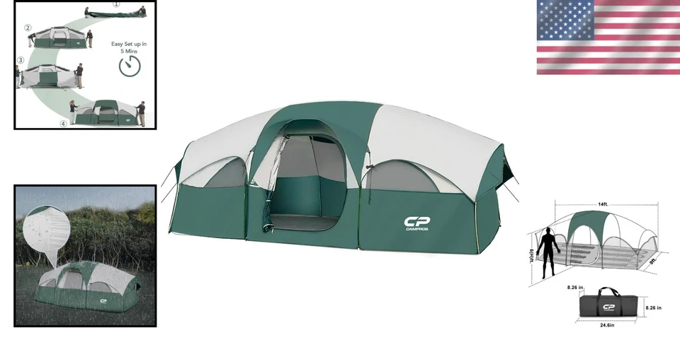 Tienda familiar resistente a la intemperie para 8 con ventilación, bolsa de transporte y habitaciones separadas Foto 2 de 4