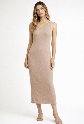 NEW! Rachel Zoe Ribbed Knit Tank Midi Dress Sleeveless Tan Beige SZ S