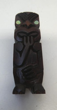 VINTAGE CARVED WOOD MAORI TIKI STATUE TOTEM NEW ZEALAND PAUA SHELL EYES