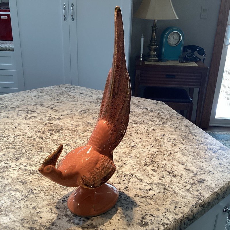VINTAGE CERAMIC PHEASANT 15’’ CORAL & GOLD 1950s