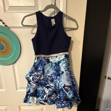 Rare Editions Girls Fit Flare Blue Floral Sleeveless Glitter Dress Size 10 Zip