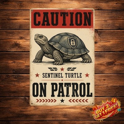 Beware Guard Tortoise On Duty Rustic Metal Sign Plaque