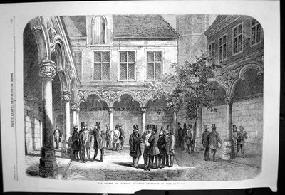Original alter antiker Druck Börse Antwerpen kürzlich zerstörter Brand 1858 19.