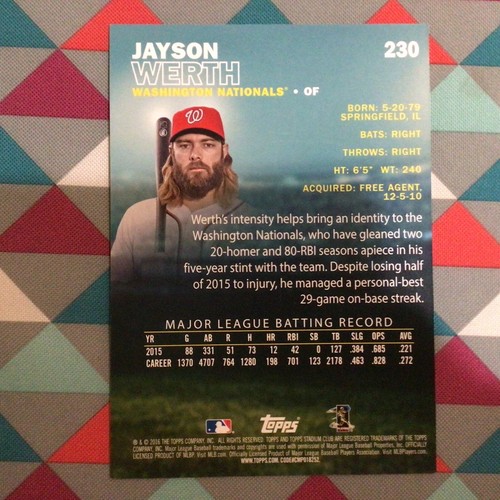 JAYSON WERTH #230 Nationals 2016 Topps Stadium Club 5X7 versión dorada hecho 10/10 - Imagen 2 de 2
