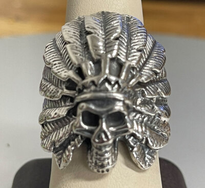 Sterling Silver Skull Indian Chief Biker Ring