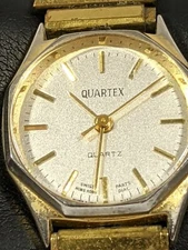 Vintage Quartex Swiss Parts Gold Tone Round Face Stainless Steel Band Watch 