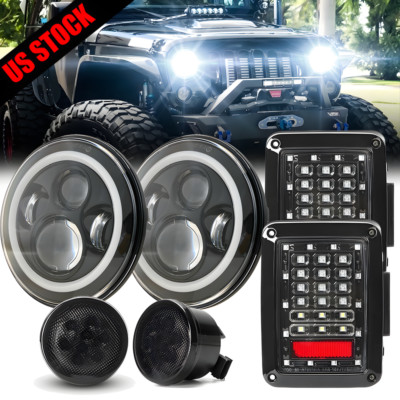 Combo 7'' Halo Led Headlights Turn Signals Tail Lights For Jeep Wrangler JK 07-18