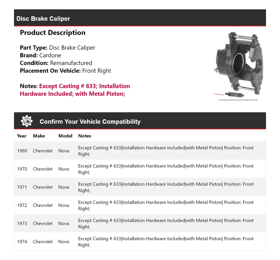 Pinza de freno de disco delantera derecha Cardone 1970 1971 para Chevrolet Nova 1969-1974 Foto 2 de 4