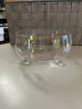 Vtg Delicate Floral Etched Iridescent Crystal Glass 3 Ftd Bowl 5.5” X 3.25”