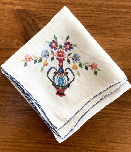 Vintage Bridge / Small Linen Tablecloth Hand Embroidered Tiny Cross Stitch Nice! - Picture 1 of 8