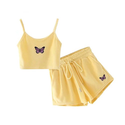 Butterfly Crop Top Shorts Set Summer Spaghetti Strap Drawstring Velvet Outfit - Bild 15 von 15