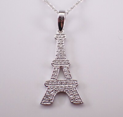 White Gold Diamond Eiffel Tower Pendant and Chain Choker Charm Necklace