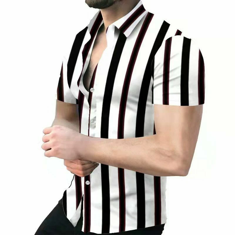 Camisa Con Botones Para Hombres De Manga Corta A Rayas Moda En Blanco Negro eBay