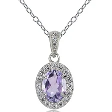 Sterling Silver Amethyst and White Topaz Oval Halo Necklace