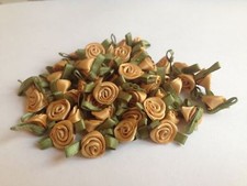 SMALL MINI SATIN RIBBON ROSE BUDS FLOWERS WITH SATIN GREEN LEAVES APPLIQUE CRAFT